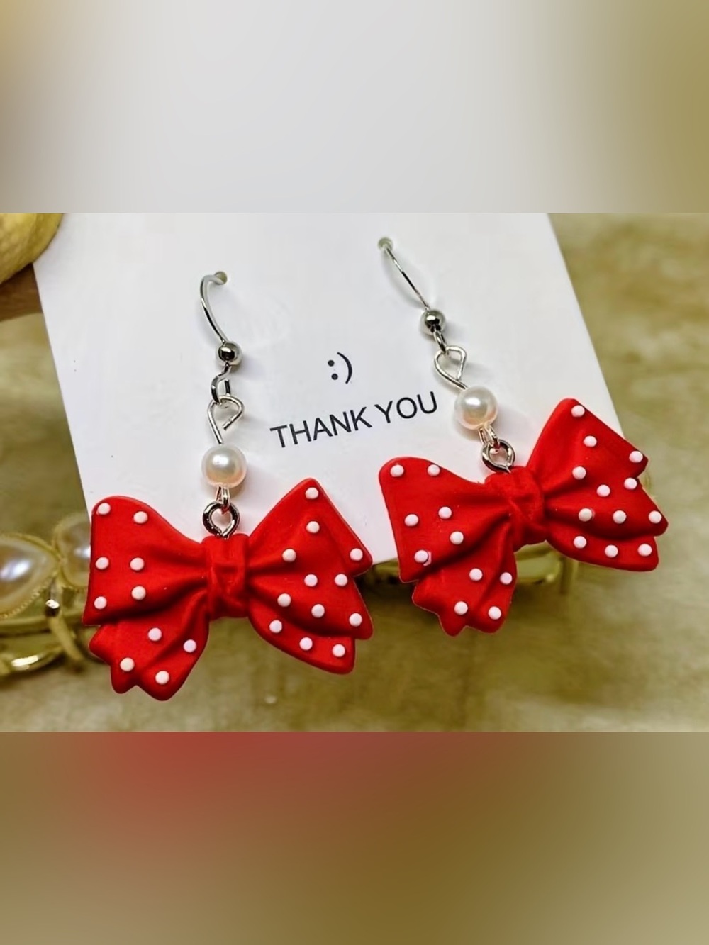Red Polka Dot Bow Earrings with Pearl Accent